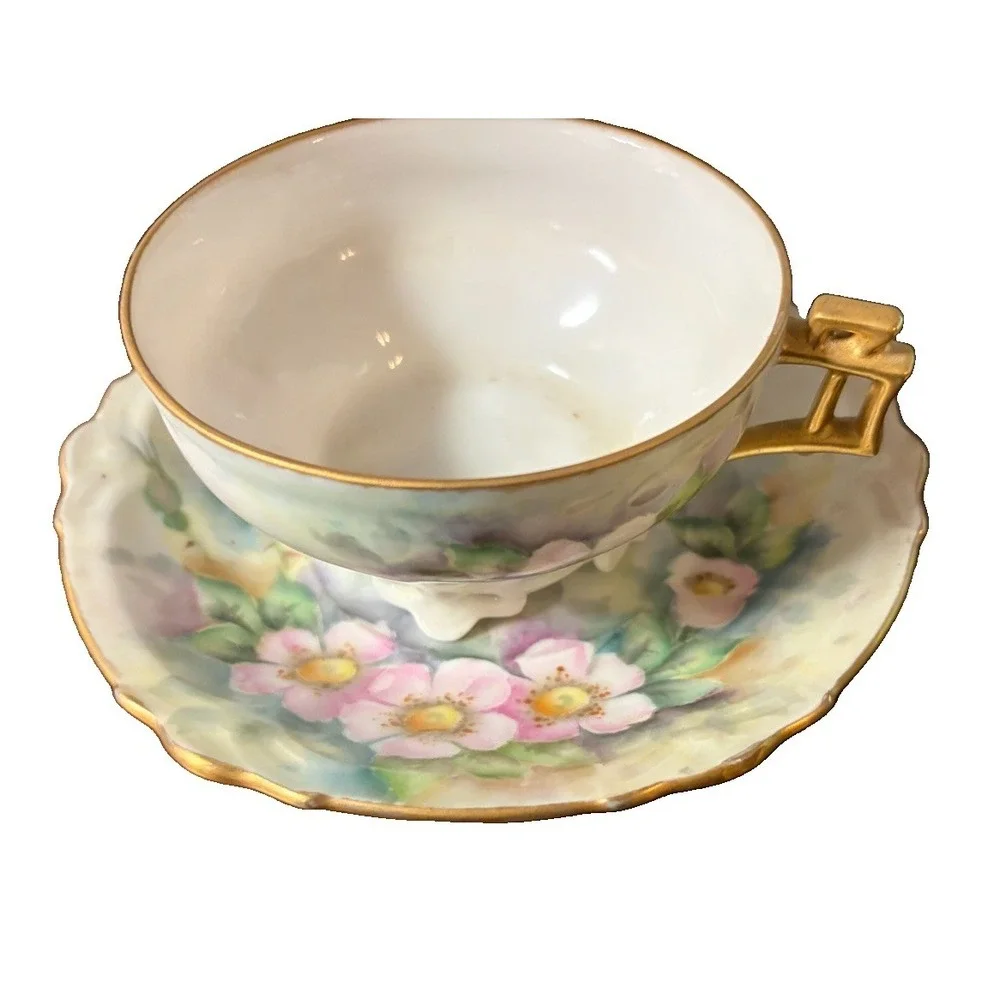 Vintage Japan Footed Teacup Saucer Pink Floral Openwork Pedestal Gold Handle